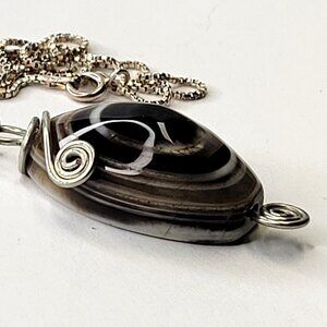 Banded Black Agate Pendant Silver Plated Pendant Chain